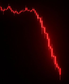 A red candlestick chart on a black background showing a steep downward price trend.