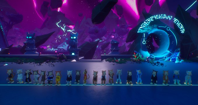 A video game scene features a row of cat characters standing before glowing portal structures in a purple, crystalline landscape.