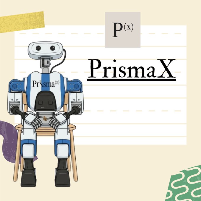 A graphic featuring a blue and white robot sitting on a stool with the text 'PrismaX' and 'P(x)' displayed on a lined paper background.