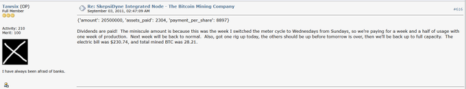 A Reddit post from r/Skepticdyne titled "Integrated Node - The Bitcoin Mining Company" on September 3, 2021, discusses a mining payment of 2304 with an asset value of $230.71 and total mined BTC of 28.21, noting it was "back to normal" after switching the meter cycle to Wednesdays from Sundays, with the user commenting, "this was the week I switched the meter cycle to Wednesdays from Sundays, so we're paying for a week and a half of usage with one week of production."