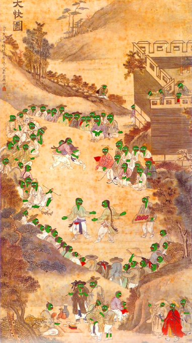 A traditional Chinese painting depicting a large gathering of figures, with most people's faces humorously covered by green vegetable emoji stickers.