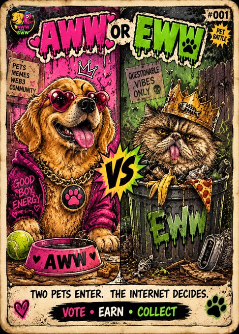 A colorful, comic-style NFT illustration titled 'AWW OR EWW' depicts a happy dog wearing heart sunglasses and a 'GOOD BOY ENERGY' jacket versus an unkempt cat wearing a 'DOPE' crown sitting on a trash can, with the tagline 'TWO PETS ENTER. THE INTERNET DECIDES.'