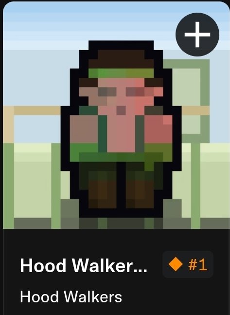 A pixel art character titled 'Hood Walker...' from the 'Hood Walkers' collection, labeled as #1.