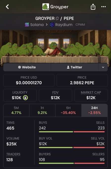 A screenshot of the Groyper crypto token page showing trading statistics on Solana/Raydium DEX with a price of $0.00001270, including a Last Supper parody image featuring Pepe the Frog.