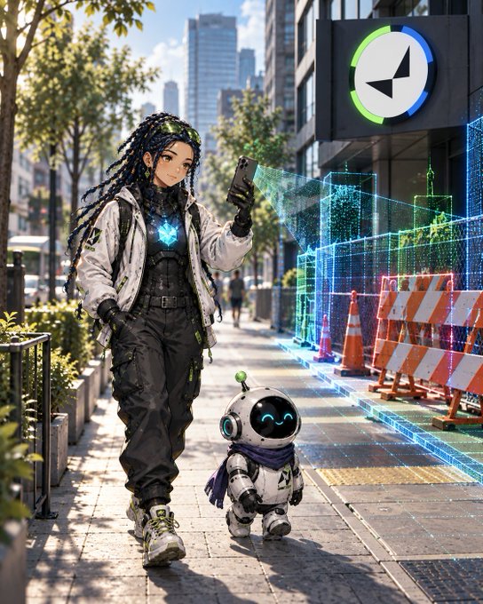 An anime-style illustration of a girl with dark hair in a white and black futuristic outfit walking with a small robot companion on a city street, with holographic blue structures and a Messenger logo visible in the background.