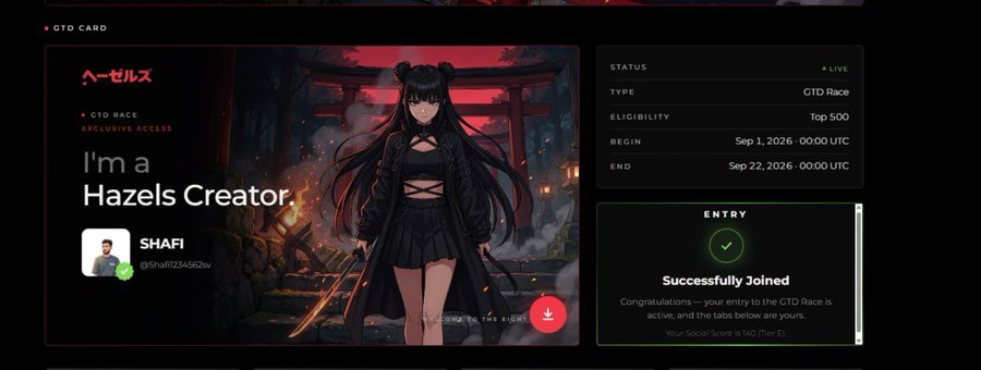 A GTD Card interface shows a 'Hazels Creator' titled 'SHAFI' alongside an anime character, with a status panel indicating 'Successfully Joined' for a GTD Race running from September 1, 2026, to September 22, 2026.
