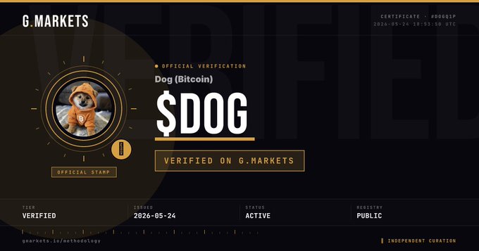entsiets Verified on G Markets logo with a dog icon and text indicating a $10 Dog Bitcoin transaction.