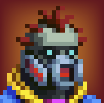 A pixel art portrait of a grey-skinned character with spiky red and black hair, glowing teal eyes, and yellow shoulder armor against a dark orange background.