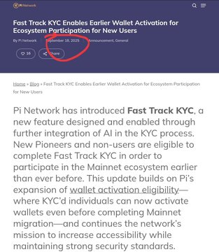 The image shows a Pi Network blog post titled "Fast Track KYC Enables Earlier Wallet Activation for Ecosystem Participation for New Users," dated October 16, 2025, with 16 likes visible, discussing Pi Network's new AI-integrated Fast Track KYC feature that allows earlier wallet activation. It relates to the post by highlighting one of the strategic moves by the Pi Core Team—using AI to streamline KYC and accelerate user onboarding into the ecosystem, supporting the broader preparation of Pi's platform foundation.