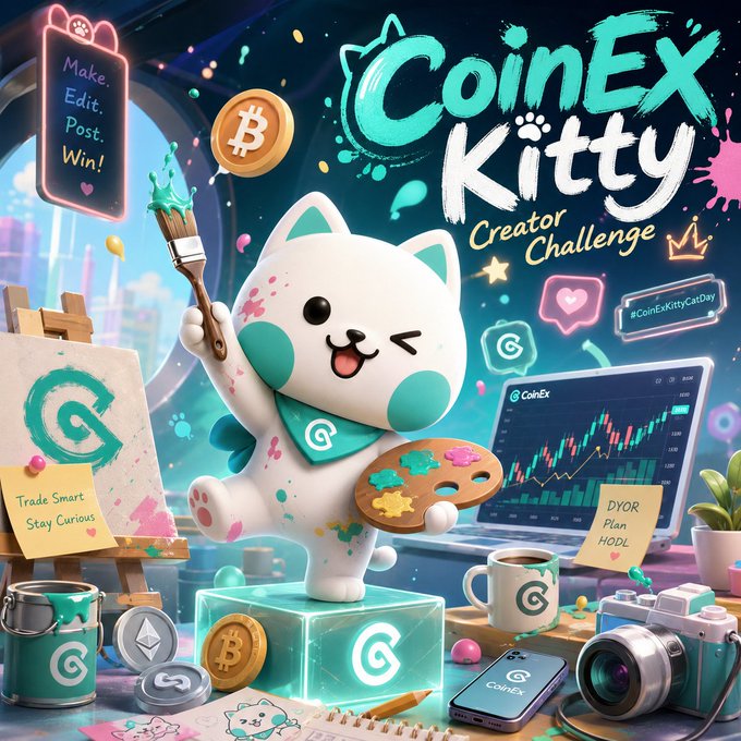A vibrant, colorful 3D illustration promoting the 'CoinEx Kitty Creator Challenge,' featuring a winking white and teal cat holding a paintbrush and palette, surrounded by crypto-themed items including Bitcoin coins, a candlestick chart display, and notes reading 'Trade Smart Stay Curious' and 'DYOR Plan HODL.'