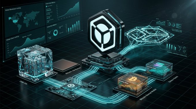Futuristic 3D illustration depicting a technological hub with a central white cube icon, connected by glowing blue circuits to other modules and data dashboards.