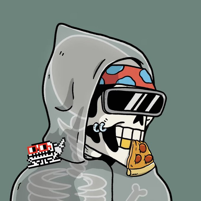 A cartoon illustration of a skull wearing a gray hoodie, VR goggles, and a red bandana, with a gold tooth, eating a slice of pizza, featuring a pixelated '1.06' glitch element.
