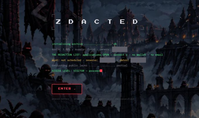 The image shows a pixel-art game over "ZDACTED" title screen featuring redacted text with stats including "3,881 souls," "supply: fixed," and "ACCESS LEVEL: VISITOR - proceed" over a redacted entry button, matching the post's description of ZDACTED as a privacy-focused Zcash NFT project with 3,881 fixed supply and whitelisting now open.