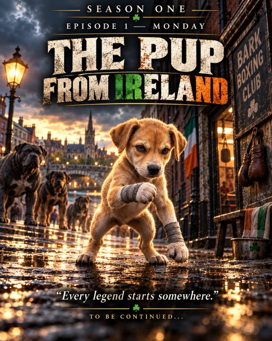 A movie poster-style image titled 'THE PUP FROM IRELAND' advertising 'SEASON ONE, EPISODE 1 - MONDAY', showing an adorable puppy with bandaged paws in a boxing stance on a cobblestone street with a 'BARK BOXING CLUB' sign, other dogs, and an Irish flag in the background, with the tagline 'Every legend starts somewhere' and 'TO BE CONTINUED...'