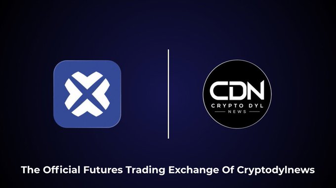 Two logos are displayed side by side on a dark blue background: a blue rounded square with a white "X" symbol on the left, and a black circle reading "CDN — Crypto Daily News" on the right, with the text "The Official Futures Trading Exchange Of Cryptodailynews" below, announcing the official partnership.