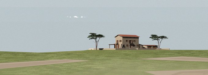 The image features a house with two trees, situated on top of a hill overlooking a field. The scene appears to be set in Tuscany, Italy, as indicated by the reference to "Artshare" and "A Day in Tuscany". The house is depicted in a 3D rendering style, giving it an artistic touch. The image also includes text that reads "* sigmaX, A Day in Tuscany, 000000000000000000 * Digital artwork, 2D and 3D drafting and illustration software without the use of AI * Edition of ************** * Minted on Ethereum, ERC1155 standard via Manifold * Contract 0xEFDcfA4D986C307dD4175B905323Feeb2B4C41B8".