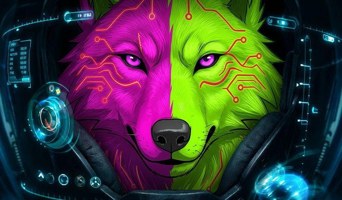 A vibrant digital illustration of a wolf's face split between neon pink and neon green, overlaid with red circuit board patterns, framed by a futuristic HUD interface.