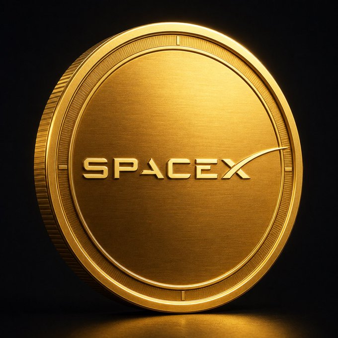 A gleaming gold coin featuring the embossed "SPACEX" logo is set against a dark background, visually representing the newly launched $SPACEXCOIN token and its ambitious "TO THE MOON" mission. The premium metallic design reinforces the post's call for community members to join the crypto venture rather than just watch it take off.