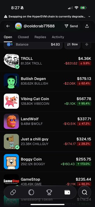 A mobile app screen showing a cryptocurrency portfolio with holdings including TROLL ($4.36K, -5.9%), Bullish Degen ($579.13, +62.4%), Vibing Cat Coin, LandWolf, Just a chill guy, Boggy Coin (+173.0%), and GameStop (+66.3%).