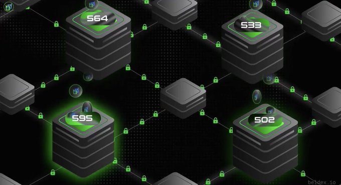 A digital illustration of stacked black server units connected by lock icons, with numbers 564, 533, 595, and 502 displayed on green-highlighted platforms, signed 'be3dlex_10'.