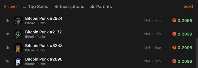 The image shows a live Ordinals marketplace listing featuring four Bitcoin Punk sales—#2924, #2132, #8348, and #2890—each priced at approximately 0.2098-0.2099 BTC, which relates to the post's discussion of recent Bitcoin Punk bundle sales and Ordinal Punk transactions on ord.net.