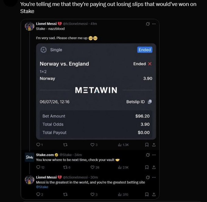 A tweet exchange showing Lionel Messi losing a $96.20 bet on Norway vs. England at 3.90 odds, with Stake.com offering condolences and Messi thanking them.