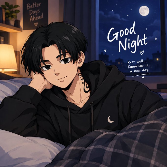 An anime-style illustration of a young man with black hair lying in bed under a plaid blanket, with text reading 'Good Night' and 'Better Days Ahead' and 'Rest well... Tomorrow is a new day.'