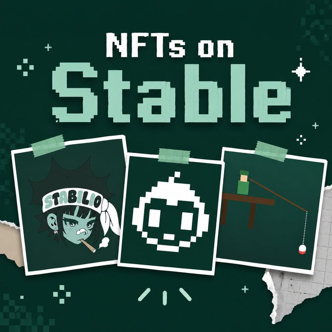 A graphic titled 'NFTs on Stable' featuring three pixelated polaroid-style illustrations taped to a green background.