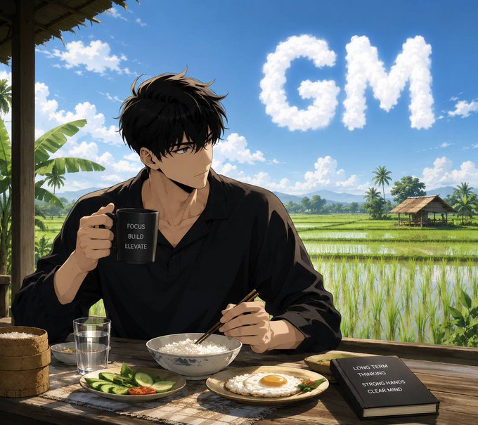 An anime-style illustration of a dark-haired man holding a mug labeled "FOCUS BUILD ELEVATE" while eating at a table with rice, egg, and vegetables in a rice field setting, with "GM" formed by clouds in the sky.