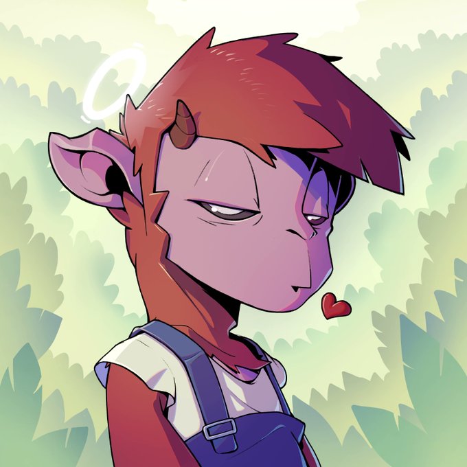 An anime-style illustration of a purple-skinned character with red hair, horns, a halo, and overalls, with a small heart floating near their face.
