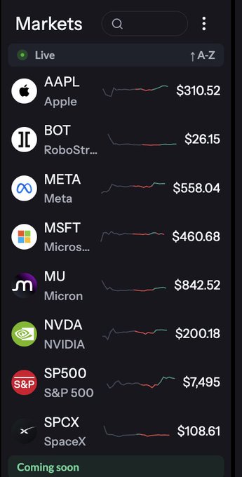 A mobile Markets app interface displays a "Live" ticker list showing real-time prices for stocks and assets including AAPL (Apple) at $310.52, BOT (RoboStr...) at $26.15, META at $558.04, MSFT (Microsoft) at $460.68, MU (Micron) at $842.52, NVDA (NVIDIA) at $200.18, SP500 (S&P 500) at $7,495, and SPCX (SpaceX) at $108.61, with a "Coming soon" banner at the bottom. The image appears to showcase a trading platform's interface, contrasting polished launch-ready product features against the post's claim about protocols prioritizing in-house development versus community-trusted alternatives like Hyperliquid.