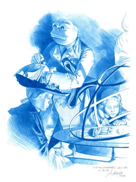 A blue pencil sketch featuring a character with glasses riding a bicycle with a sidecar, accompanied by a smaller figure in the sidecar.