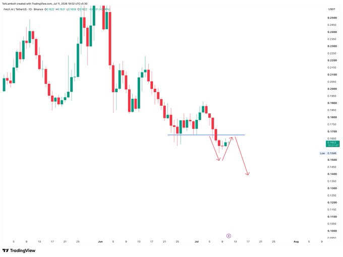 A TradingView daily candlestick chart of Fetch.AI/TetherUS (FET/USDT) on Binance shows a sharp downtrend from highs near 0.2500 to lows around 0.1550, with a horizontal support line drawn near 0.1650 and red arrows projecting further downside—visually confirming the post's claim of weakness and a lack of meaningful bullish reaction at the key support zone.