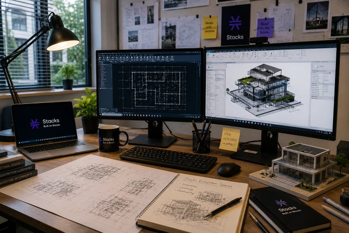 An architect's workspace features dual monitors displaying AutoCAD floor plans and a Revit 3D building model, alongside a laptop and notebook bearing the "Stacks - Built on Bitcoin" branding, with a physical architectural model resting on the desk. The setup visually reflects the post's theme of using architecture and design tools like AutoCAD and Revit to conceptualize innovative spaces for the Stacks ecosystem.
