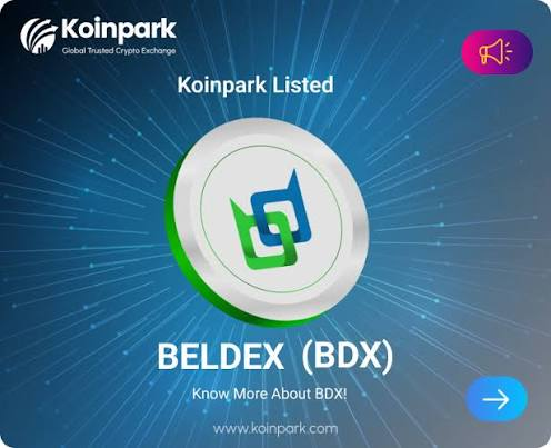 Announcement graphic from Koinpark Global Trusted Crypto Exchange announcing the listing of BELDEX (BDX), featuring the BDX token logo on a blue radial background.