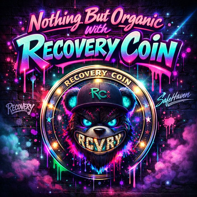 A vibrant graffiti-style promotional graphic reading "Nothing But Organic with Recovery Coin," featuring a menacing bear character wearing a cap with "RCX" and gold teeth spelling "RECOVERY," branded with SafeHaven and Recovery logos.