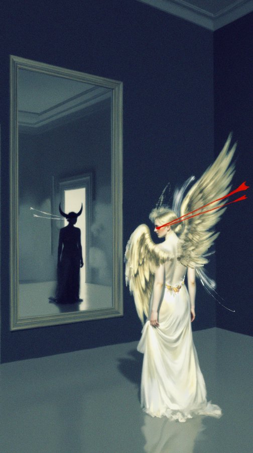 A surreal digital illustration depicts an angel in a white gown with large wings and red laser-beam eyes standing in a dim room, facing a mirror that reflects a horned, shadowy devil figure in a doorway.
