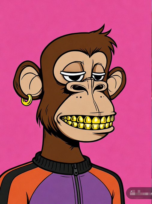 A cartoon illustration of a brown monkey wearing a purple and orange jacket, sporting a gold earring, a grill of gold teeth, and droopy eyes against a pink background.