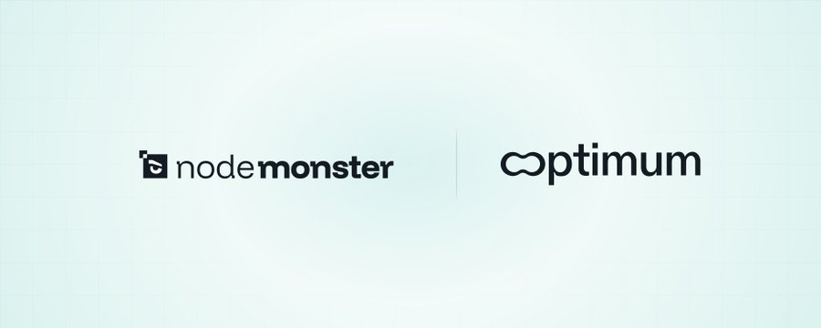 A logo graphic displaying 'nodemonster' and 'optimum' side by side on a light gradient background, likely indicating a partnership or collaboration.