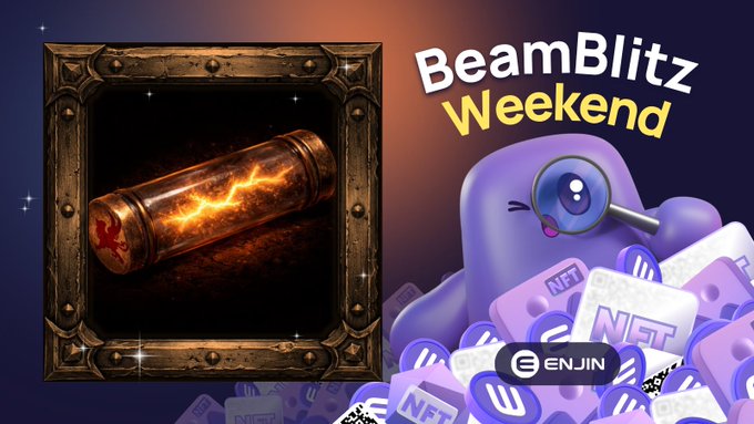 The image features a poster advertising an event called "BeamBlitz Weekend" that takes place over the weekend of November 12th - 15th, 2016. The poster includes a picture of a large metal box with a light inside, which is used as a key to open the box. The text on the poster reads: "BeamBlitz Weekend is LIVE @MvBClan's Spark NFT keeps The Forge's economy running. Use it for crafting operations and exclusive utility assigned by the brotherhood." The image also includes a small purple blob with a magnifying glass, which appears to be a character from the game.