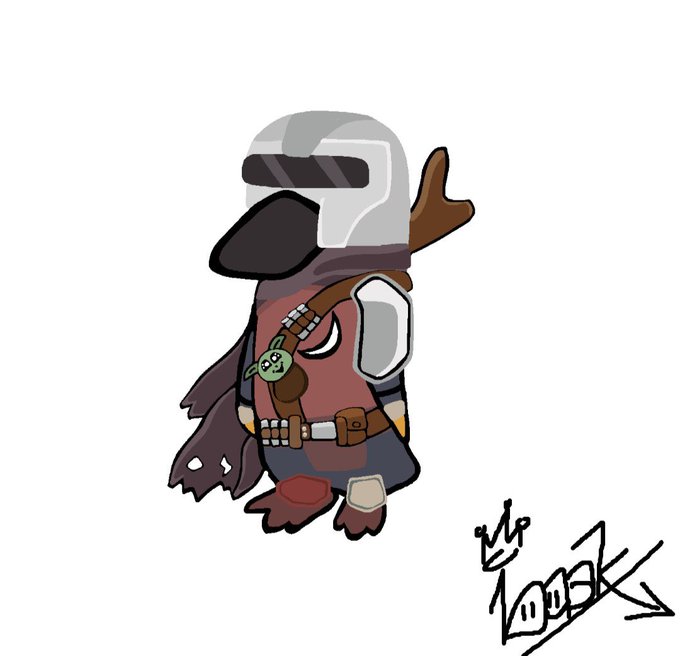 A cartoon illustration of a small penguin-like character wearing armor and a helmet, holding a branch with a green leaf, signed by the artist.