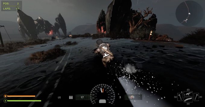 A first-person perspective video game screenshot showing a character riding a motorcycle through a dark, watery environment with large, glowing crystal structures in the background; the HUD shows 'POS: 2', 'LAPS: 1/1', and a speedometer.