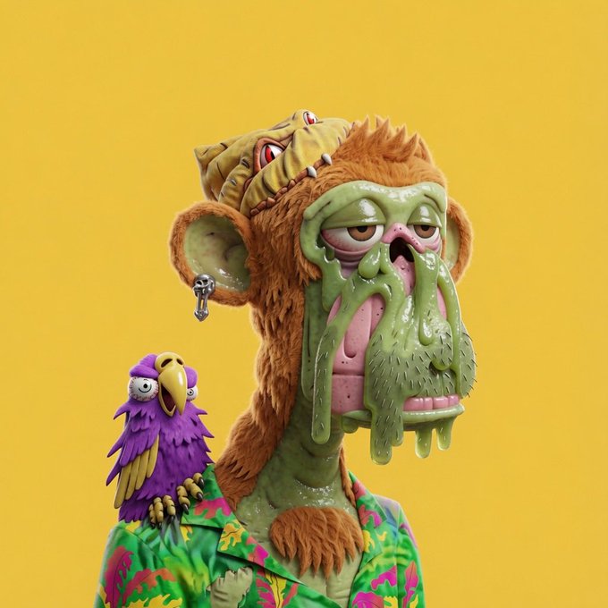 A 3D-rendered cartoon character of a sickly green-faced monkey wearing a flower shirt, with a purple bird perched on its shoulder against a solid yellow background.