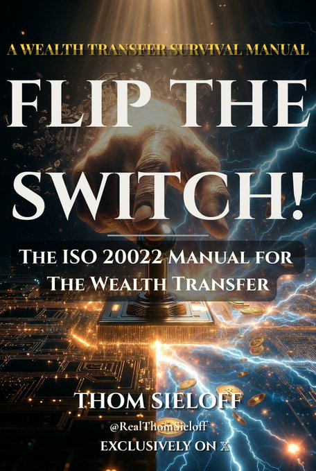 A dramatic digital cover for "FLIP THE SWITCH!: The ISO 20022 Manual For The Wealth Transfer" by Thom Sieloff (@RealThomsieloff), featuring a hand pressing a glowing button amid swirling lightning and gold coins, promoting it as a survival guide for navigating the transition between traditional and digital assets before the impending wealth transfer switch is flipped.