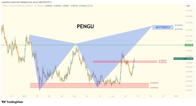 A TradingView chart for PENGU (Pudgy Penguins) cryptocurrency showing a bullish butterfly harmonic pattern with key price levels labeled at 0.00924, 0.00851, 0.01563, 0.01626, and 0.00944.