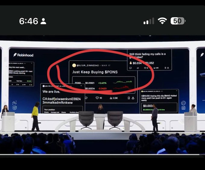 A screenshot of a presentation stage displaying a Robinhood interface with the post "@/UR_ZINN2342 • MAR 17" reading "Just Keep Buying $PONS" circled in red, highlighting the $PONS ticker mentioned in the accompanying post tagging @ponsdotfamily.