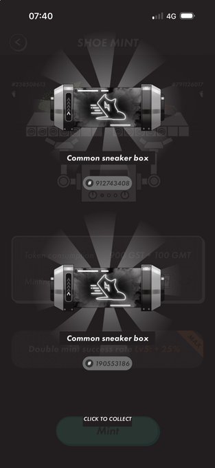 A mobile app screenshot showing a 'SHOE MINT' interface with two 'Common sneaker box' NFT rewards, token consumption details, and a 'Mint' button at the bottom.