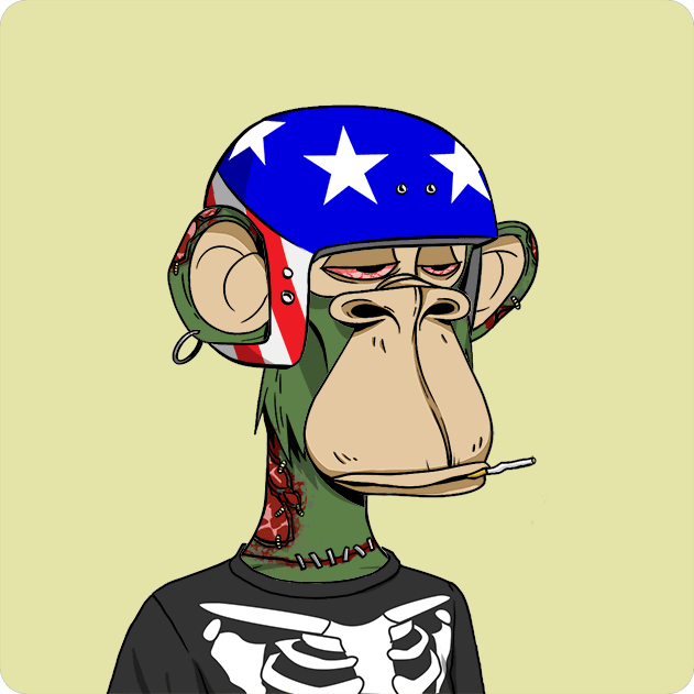 A cartoon illustration of a zombie-style Bored Ape character wearing an American flag helmet and a skeleton shirt, with red bloody eyes and a cigarette in its mouth, on a pale yellow background.