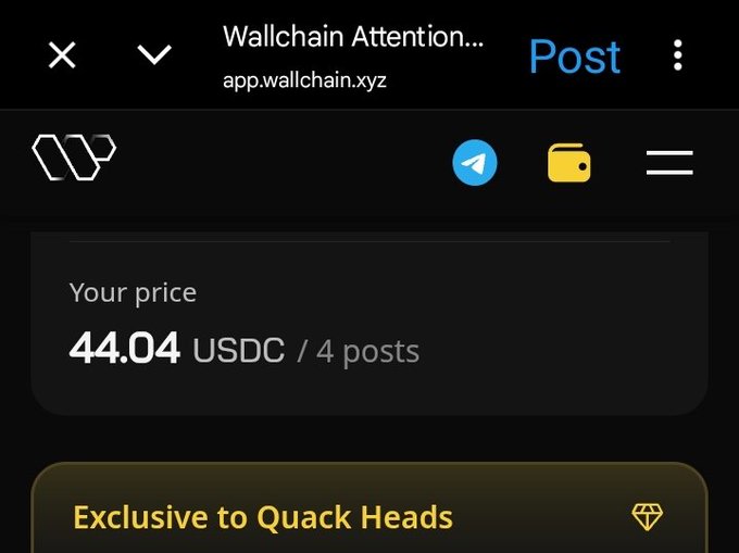The image shows a screenshot of an app called Wallchain, which has a price listed as $44 for 4 posts. The app also offers a special deal where users can get 4 posts for only $44. This offer seems exclusive to Quack Heads, as indicated by the text "exclusive to Quack Heads".