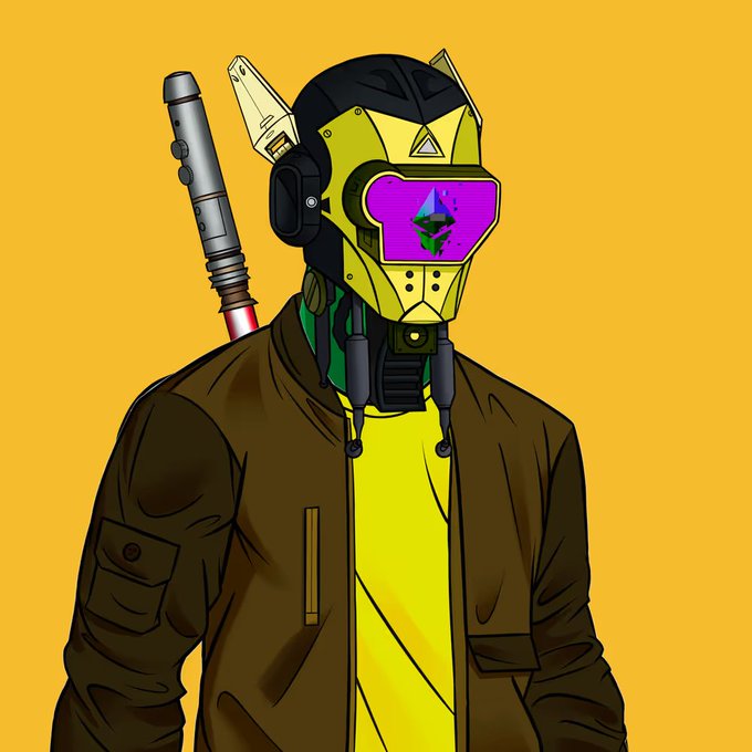 An illustrated character wears a yellow and black robotic helmet with a purple visor, a brown bomber jacket, and has a sword strapped to its back against a yellow background.